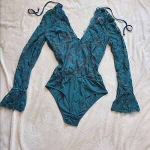 Teal Deep V Lace Bell Sleeved Lulumari Bodysuit